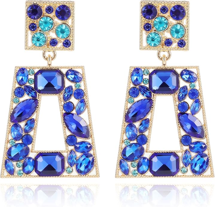 Rhinestone Rectangle Statement Earrings Colorful Crystal Geometric Drop Dangle Earrings for Women Prom Party