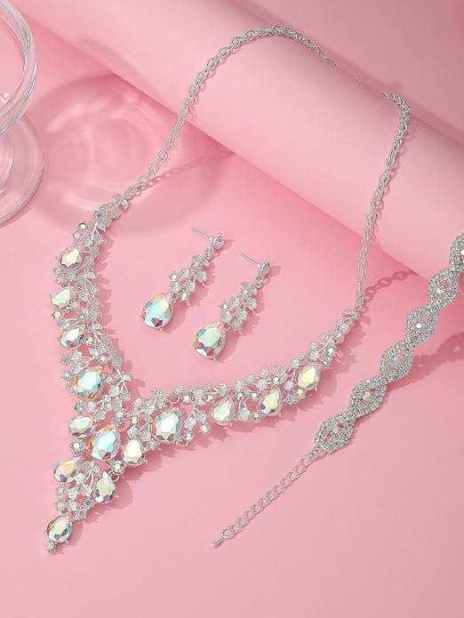 Wedding Bridal Bridesmaid Austrian Crystal Rhinestone Jewelry Sets Statement Choker Necklace Earrings Bracelets Sets for Wedding Party Prom