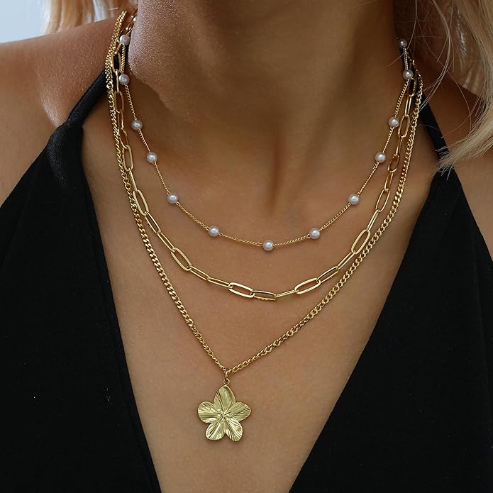 YEEZII Layered Gold Necklaces for Women Trendy, 3 Pcs 14K Gold Plated Choker Paperclip Box Chain Necklace, Stackable Women's Gold Pendant Necklaces Jewelry Set