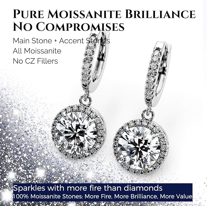 Moissanite Diamond Drop Earrings for Women Halo Solitaire S925 Rodium Vermeil Sterling Silver Dangle for Wife Girlfriend Mom Gifts for Her Daughter on Birthday Wedding Anniversary