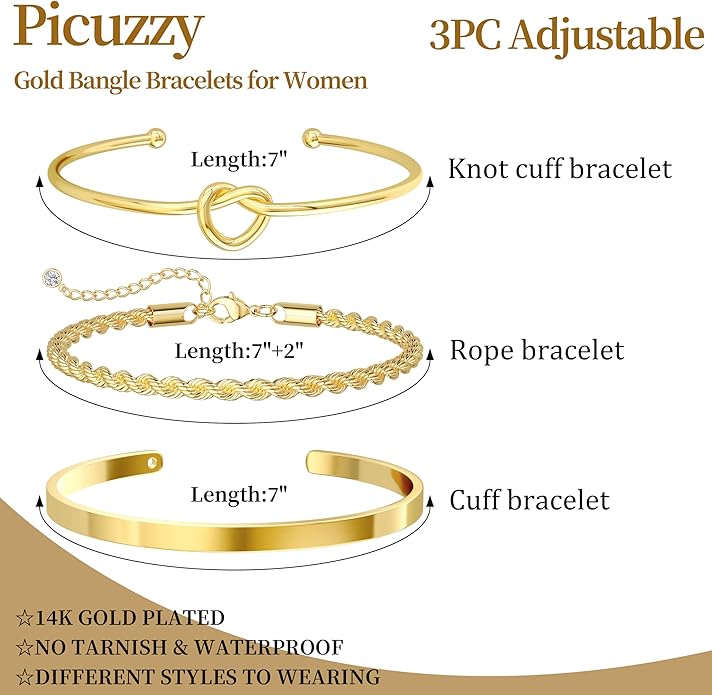 Gold Bangle Bracelets for Women, Non Tarnish Dainty 14K Gold Plated Cuff Bracelets Stackable for Women,Waterproof Bracelet Stack Gold Jewelry Gifts Trendy Adjustable Accessories
