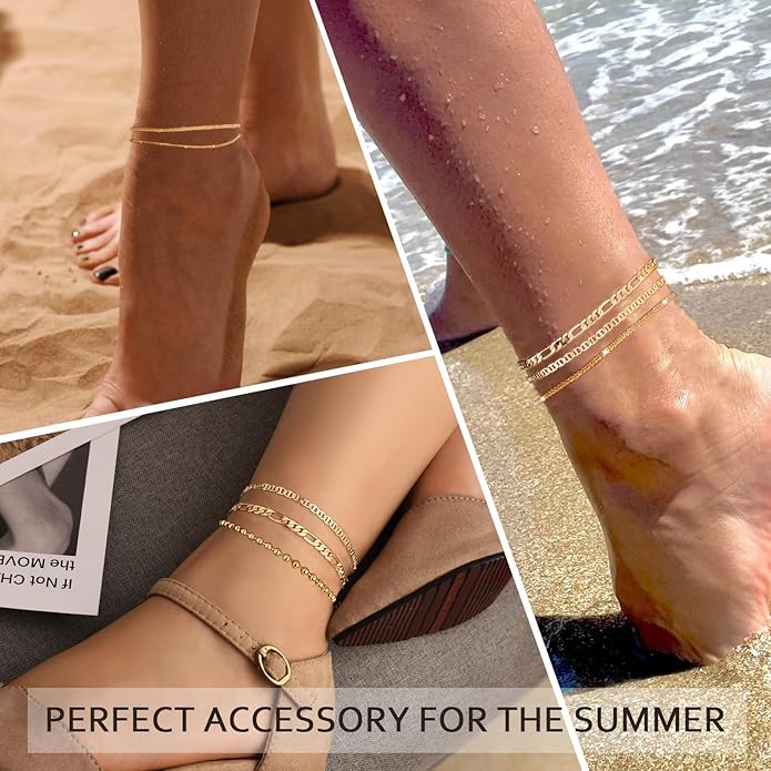 Gold Ankle Bracelets for Women,14k Gold Plated Anklets Waterproof Cuban Link Tennis Herringbone Beaded Chain Anklets Set Layered Anklet Bracelets for Women Adjustable Summer Beach Jewelry 5pcs