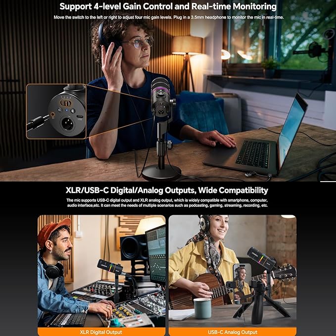 COMICA EJoy D10 A USB/XLR Dynamic Microphone with RGB Light &CalMix Denoise &Mute Button- Studio-Quality Cardioid Mic with Boom Arm Stand for Gaming, Streaming, Podcast,YouTube(PC/PS5/Xbox/Mac-Black