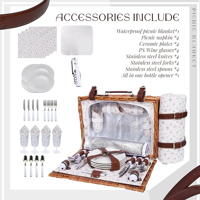 Picnic Baskets Wicker Willow Picnic Set for 4 Persons with Insulated Cooler Bag and Waterproof Picnic Blanket