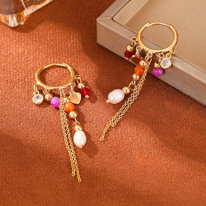 Boho Tassel Hoop Earrings for Women 14K Gold Pearl Earrings Dainty Colorful Bead Pendant Earrings Ethnic Style Statement Jewelry for Vacation Festival Party