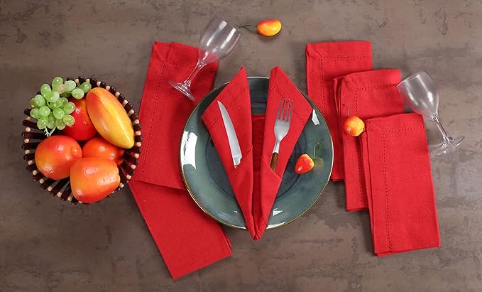 LFH Home Hemstitched Cloth Dinner Napkins 18x18 Inch Set of 12 - Reusable 100% Cotton Machine Washable Cocktail Napkins with Metered Corners for Daily, Party, Wedding, Bar Use - Red