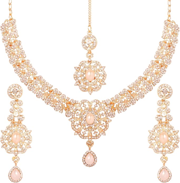 Touchstone Indian jewelry sets for women gold wedding tikka necklace set guest costume fancy bridal jewellery rhinestone crystal elegant formal prom evening wear dainty accessories