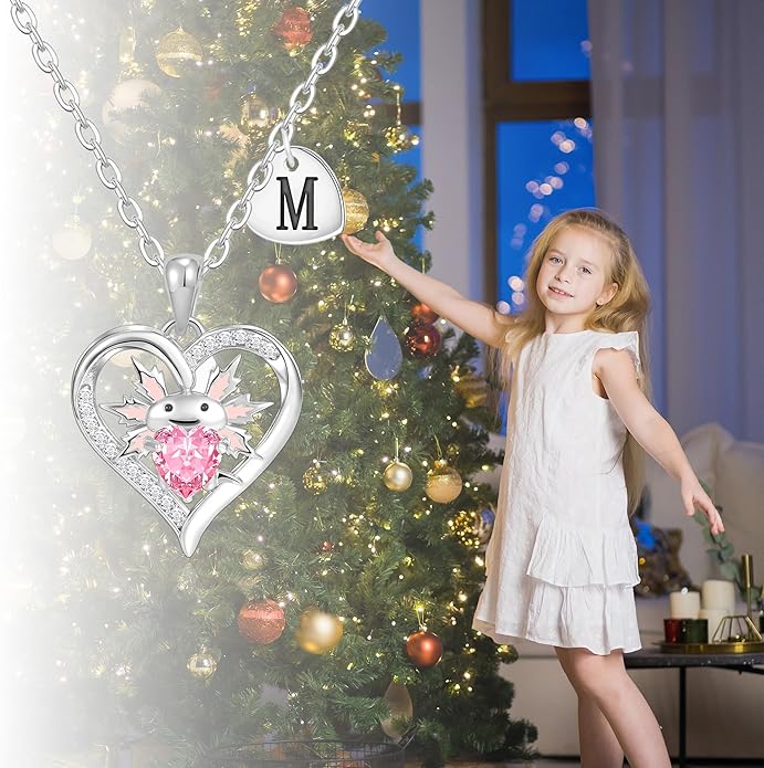 Macate Valentines Day Gifts for Her, 14K Gold Plated Heart Initial Pendant Axolotl Necklace Gold/silver Necklace Valentines Day Birthday Gifts for Women Teen