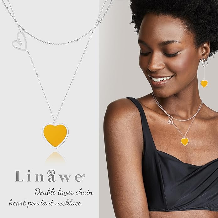 Linawe Layered Choker Heart Pendant Necklace for Women Trendy, Gold/Silver/Rose Gold Chain Stainless Steel Stacked Necklaces, Double Heart Necklace Y2K Preppy Jewelry
