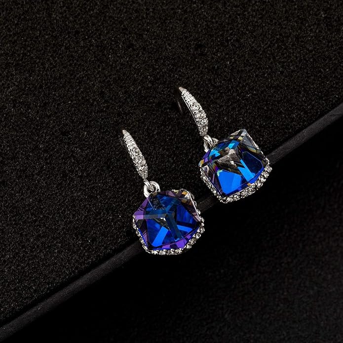 Austrian Crystal Cube Drop Dangle Earrings for Women 14K Gold Plated Hypoallergenic Jewelry