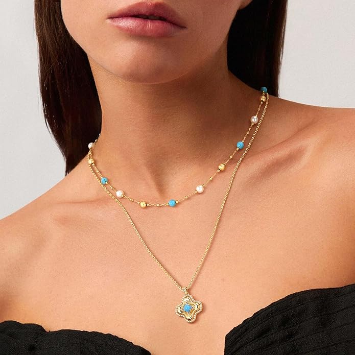 Created Turquoise Necklace for Women 14K Gold Plated Beaded Heart Choker Boho Necklaces Handmade Beach Summer Everyday Western Jewelry Gifts