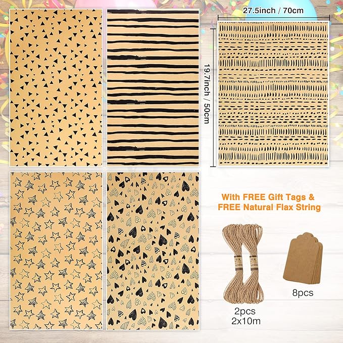 Wrapping Paper Sheets-Gift Wrapping Paper Set with Tags & String-Brown Kraft Wrapping Paper Birthday Gift Wrap for Present Wrapping Paper-Birthday Paper Birthday Wrap for Women Girl Men Boys Kids(6 Sheets, 28"Lx20"W per Sheet)