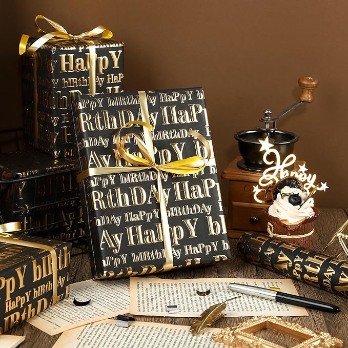 WRAPAHOLIC Jumbo 3D Kraft Birthday Wrapping Paper Roll - 30 Inch x 16.5 Feet - Gold and Black Happy Birthday Wrapping Paper with Embossed Perfect for Holiday, Party Celebration