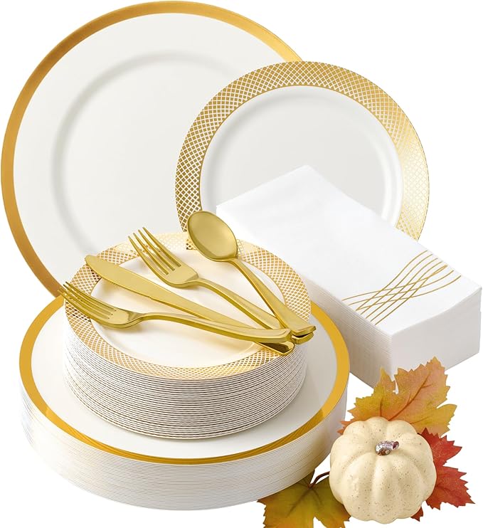 By Madee High End Thanksgiving Disposable Dinnerware Set - 175 Pcs 25 Guests – White & Gold Plastic Plates, Cutlery Linen Feel Napkins - Elegant and Effortless for Fall Holiday Hosting