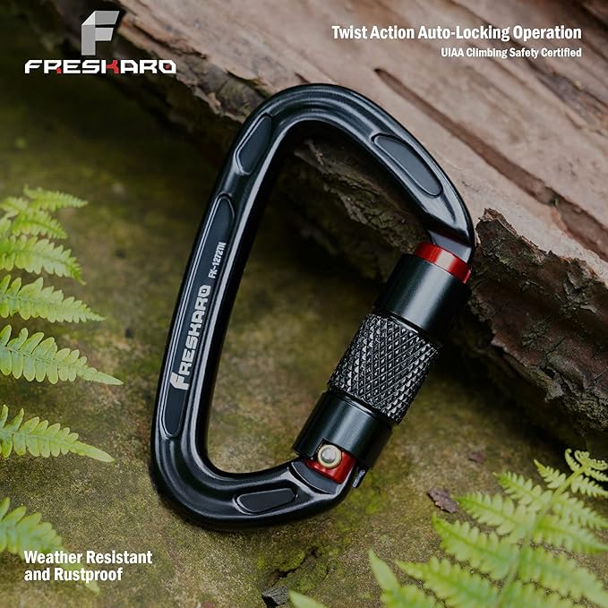 FresKaro UIAA Certified 25KN Auto Locking Climbing Carabiner Clips, Twist Lock, and Heavy Duty Carabiners for Rock Climbing, Rappelling, and Mountaineering, D Shaped