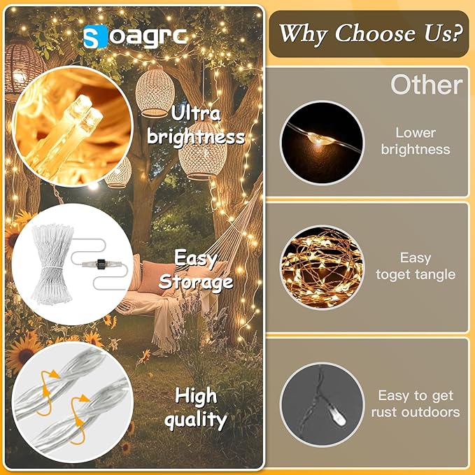 66FT 200 LED Christmas Tree Lights, Bright Warm White Outdoor Christmas String Lights for House, Fairy Lights with 8 Modes, Waterproof & Durable Indoor Outdoor Decor, Timer Included