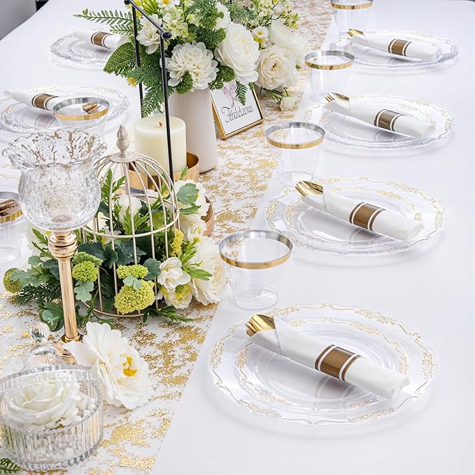U-QE 350PCS Gold Plastic Plates - Disposable Dinnerware Set for 50 Guests - Clear and Gold Plates and Napkins Party Supplies include 100 Plate, 150 Silverware, 50 Cups, 50 Napkins for Weddings&Party
