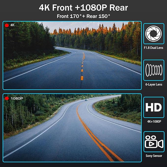 Mirror Dual Dash Camera,4K and 1080P Dash Cam with Voice Control Rear View Mirror Camera and WiFi,GPS Dashcam for Cars with WDR Night Vision, G-Sensor, 24 Parking Monitor ABS (Include 64FGB Card)