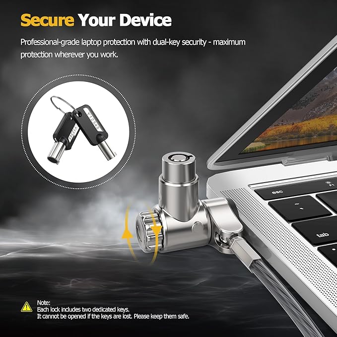 AboveTEK 3-in-1 Universal Laptop Cable Lock, Professional Laptop Security Lock with 2 Keys, Cut-Resistant Steel Locking Cable with 360° Rotating Head, Compatible with K-Slot, Nano & Wedge Slot