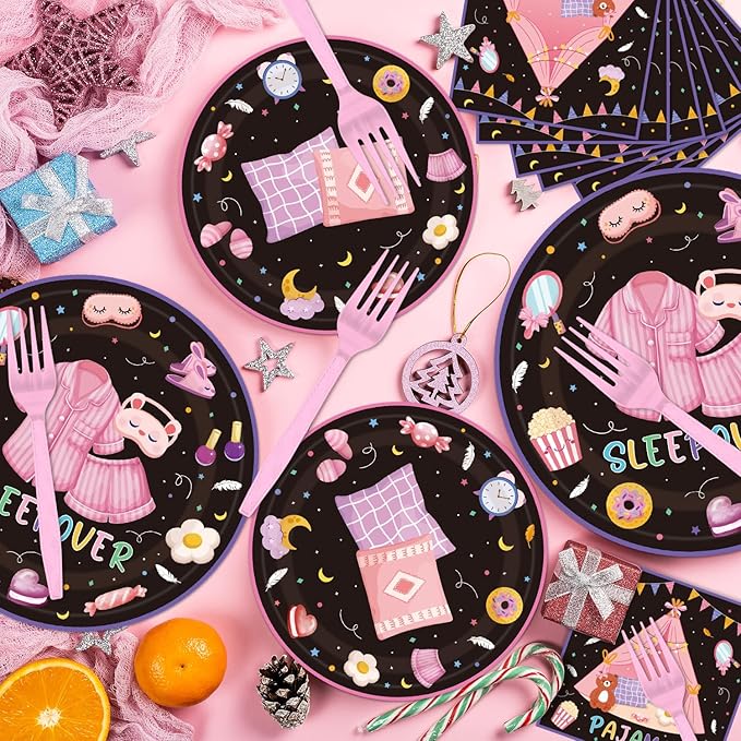 96PCS Sleepover Plates and Napkins Party Supplies Pajama Party Decorations Sleepover Party Supplies for Girls Slumber Themed Disposable Tableware Set Serve 24 Guests