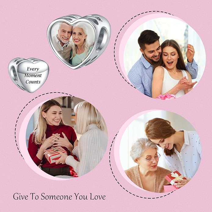 Annmors Personalized Photo Charms For Bracelets/Necklace 925 Sterling Silver Love Heart Shaped Engraved Customize Picture Gift for Birthday Mother's Day,Bead Charms Jewelry for Women