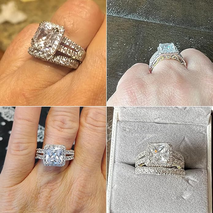 Wuziwen Princess Cut Engagement Rings for Women Sterling Silver Cubic Zirconia Wedding Bridal Ring Set