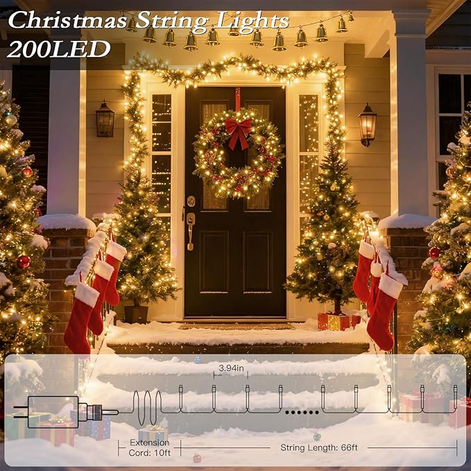 66FT 200 LED Christmas Tree Lights, Bright Warm White Outdoor Christmas String Lights for House, Fairy Lights with 8 Modes, Waterproof & Durable Indoor Outdoor Decor, Timer Included
