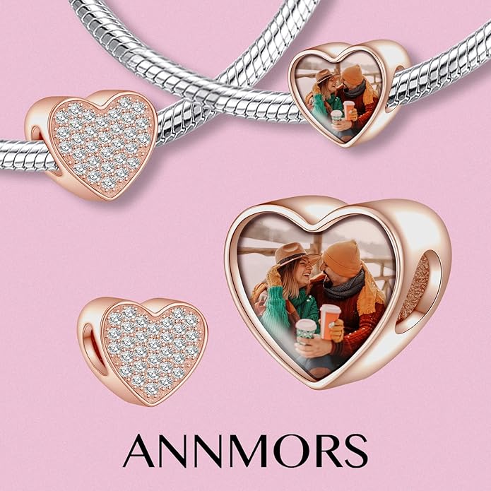 Annmors Personalized Photo Charm for Bracelet Necklaces,925 Sterling Silver Charm Love Heart Shaped Engraved Customize Picture Gift for Birthday Mother's Day Christmas,Bead Charms Jewelry for Women