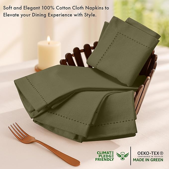 Ruvanti Cloth Napkins - 100% Cotton Dinner Napkins, Hem Stitched Corners, 18x18 Inch, 12 Pack - Soft, Absorbent, Durable, Reusable, Wrinkle Resistant for Formal Dining & Everyday Use - Capulet Olive