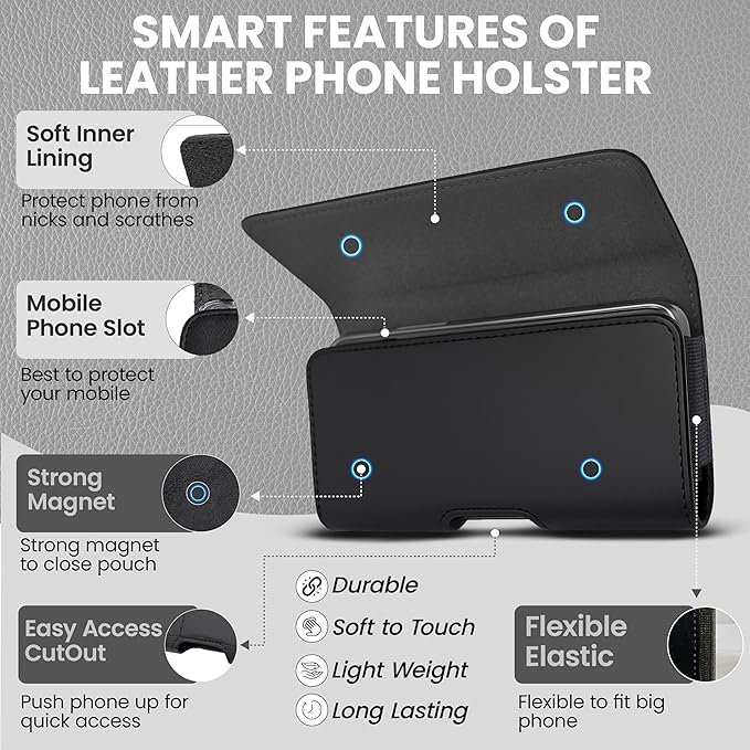 Leather Phone Holster for Men, Horizontal Cell Phone Case, Fits iPhone 17/17 Pro 16/16 Pro 16e 15/15 Pro 14/14 Pro 13/13 Pro 12/12 Pro 11 XR, Belt Clip Phone Pouch Holder, Black Medium.