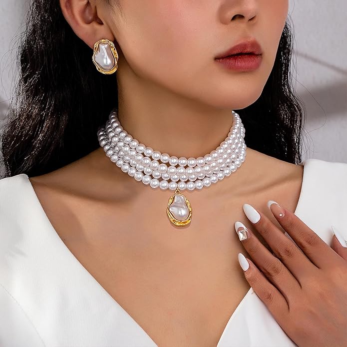 Chunky Pearl Necklaces for Women Gold Pearl Choker Necklace and Earrings Set Pearls Set Jewelry for Women