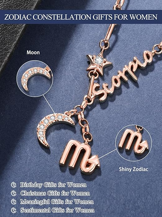 14K Gold/Rose Gold Zodiac Necklace for Women - Horoscope Constellation Pendant with Moon and Star, Luxury Birthday Gifts Jewelry for Her (12 Zodiac Signs)