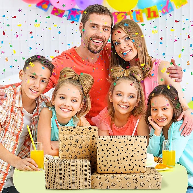 Wrapping Paper Sheets-Gift Wrapping Paper Set with Tags & String-Brown Kraft Wrapping Paper Birthday Gift Wrap for Present Wrapping Paper-Birthday Paper Birthday Wrap for Women Girl Men Boys Kids(6 Sheets, 28"Lx20"W per Sheet)
