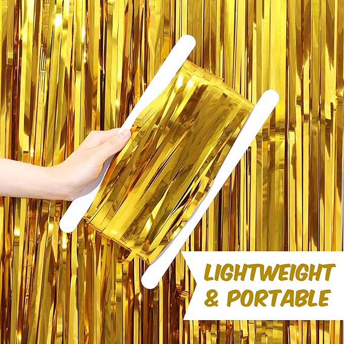 3 Pack Gold Foil Fringe Curtains Backdrop, 3.28 x 8.2 Ft Metallic Streamers Tinsel Curtains Background for Photo Booth, Birthday, Halloween, Christmas, Thanksgiving, New Year Party Decorations