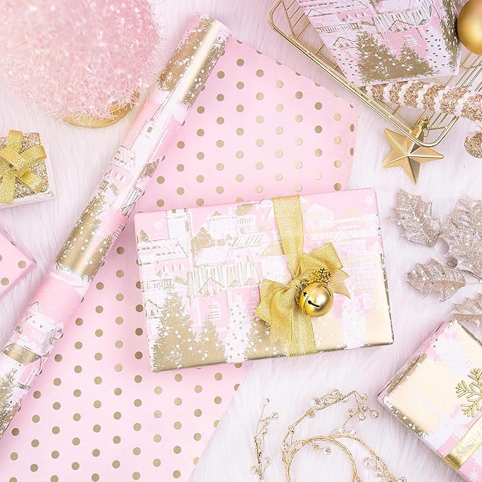 RUSPEPA Reversible Christmas Wrapping Paper Roll, Mini Roll, Pink Gold Winter Landscape with Snowflake Pattern, Gold Polka Dot Design Gift Wrap for Girls, Friends, Holiday Gifts, 17 Inches x 32.8 Feet