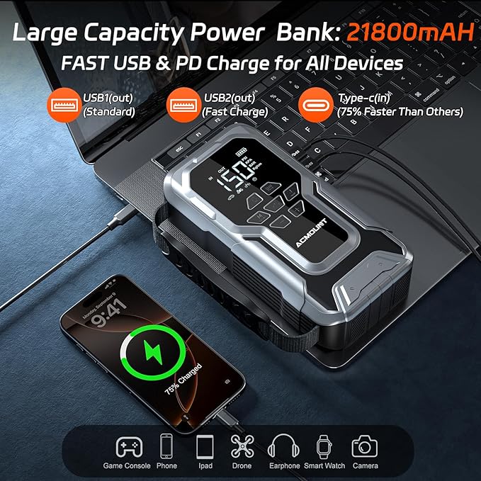Jump Starter with Air Compressor, 6000A Car Battery Jump Starter (All Gas/10.0L Diesel), 150PSI Tire Inflator, 12V Jumper Pack with LCD Display & LED Light, Portable Air Pump, 21800mAh Battery
