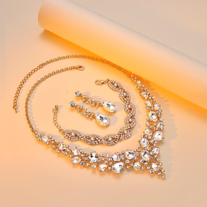 3/4 Pieces Women Jewelry Set Artificial Rhinestone Crystal Bride Statement Choker Necklace Tiara Crown Link Bangle Bracelet Teardrop Dangle Earrings Set