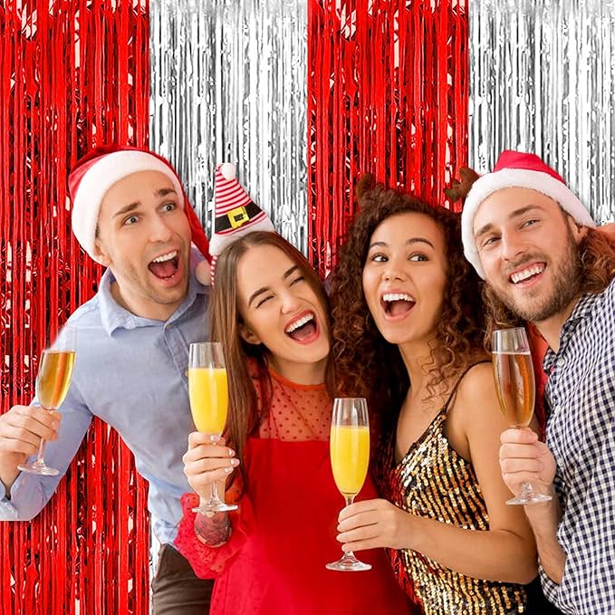 3 Pack Red and Silver Foil Fringe Curtains Backdrop, 3.28 x 8.2 Ft Metallic Streamers Tinsel Curtains Background for Photo Booth, Birthday, Halloween, Christmas, New Year Party Decorations