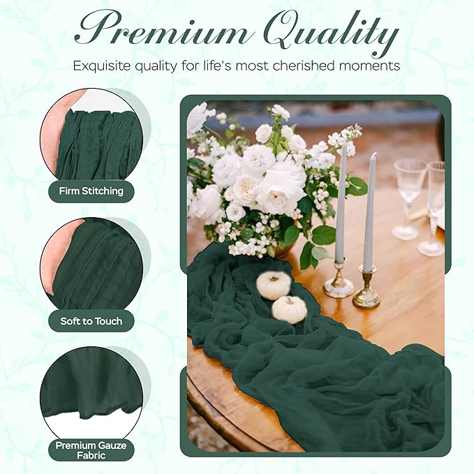 Cheesecloth Table Runner 6 Pack – 35x120 Inch (10ft) Boho Rustic Gauze Cloth Runners – Crinkle Polyester Table Decor for Wedding, Baby Shower, Bridal Shower, Birthday Party and More (Emerald Green)