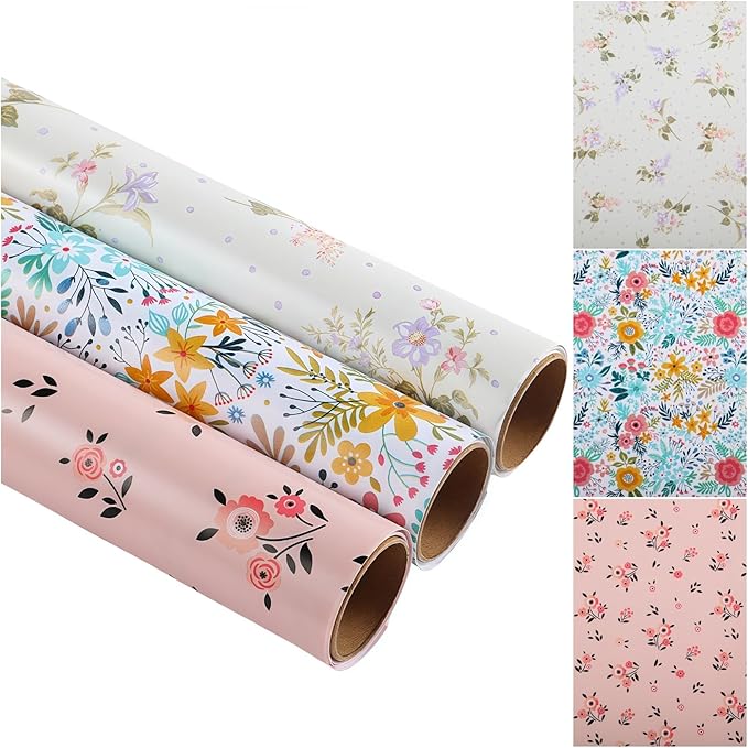Miss DuiDui Floral Gift Wrapping Paper, 3 Mini Rolls, 17 inch x 9.8 feet, Colorful Flowers Design for Baby Shower Girls Boys Mothers, Holiday, Party, Wedding