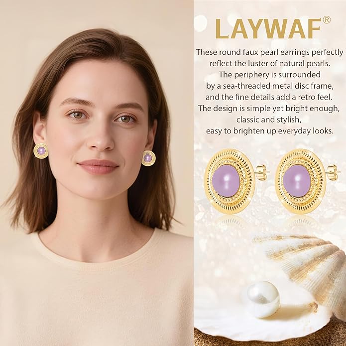 Faux Pearl Gold Plated Stud Earrings for Women, Hypoallergenic Stainless Steel Ear Pin, Available in a Variety of Pearl Colors