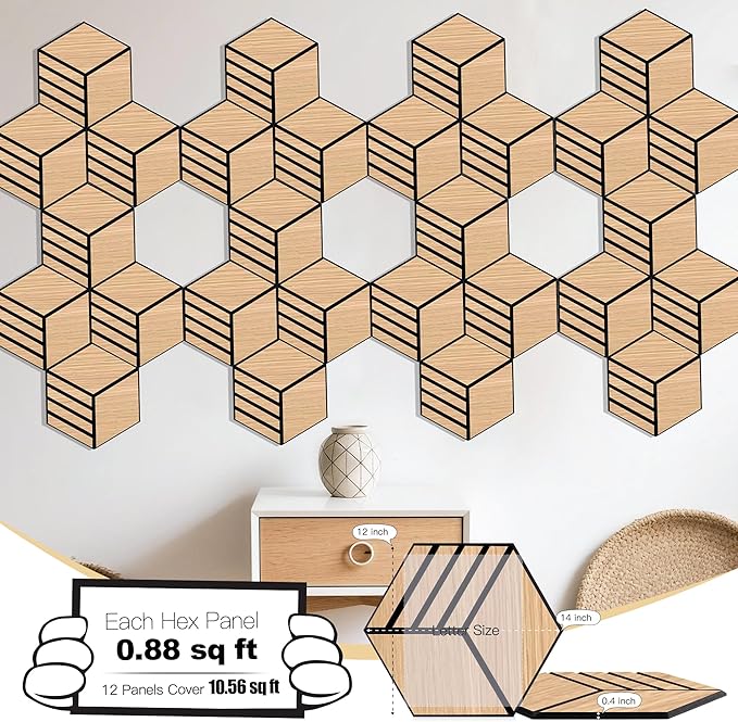 Mollywell Hexagon Acoustic Panels, Natural Oak S4, 14x12x0.4 Inch, 12 Pack |Wood Veneer|High Density Sound Proofing Wall Panels|Self Adhesive Sound Dampening Felt Wall Tiles|Home Theater|Gaming Room|