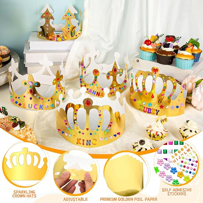 Gold Paper Crowns, Diy Birthday King Crowns Craft to Decorate, Paper Prince Princess Crown Hats for School Classroom
