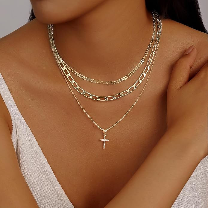 Evabelle Gold Layered Necklace for Women Trendy Jewelry 14K Real Gold Plated Chunky Chain Stackable Necklaces Dainty Choker Necklaces Rectangle Square Pendant