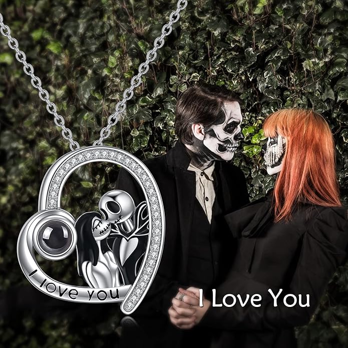 LILALO Nightmare Necklace Sterling Silver Abalone Shell Crystal Jack and Sally Necklace Jack Skellington Skull Jewelry Skull Necklaces for Women