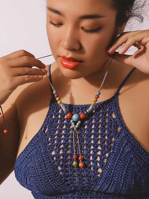 MINACHI Vintage Bohemian Ethnic Colorful Ceramic Bead Long Y Necklace, Hippie Boho Summer Fashion Jewelry Gift for Women