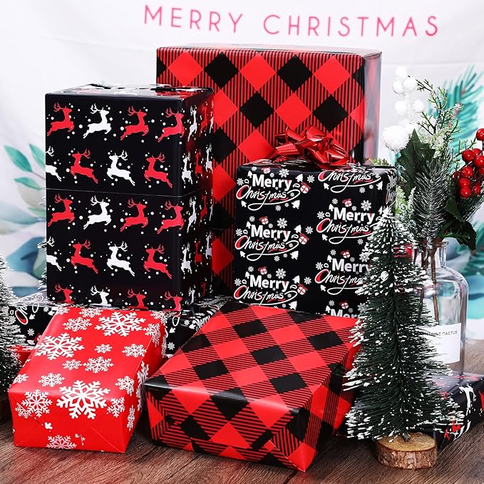 PlandRichW Christmas Wrapping Paper 12 Sheets Folded for Kids Boys Girls Men Women Gifts. Red, Black and White, Greetings, Reindeer, Plaid and Snowflakes, 20 X 29 Inches Each