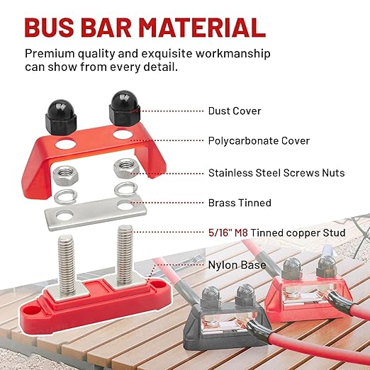 RED WOLF 2PCS 5/16" M8 Dual Stud Bus Bar 12-48V Power Distribution Block Holder 150A DC MAX, Battery Terminal Junction Dual Power Stud Busbar for Car Marine Boat Red & Black w/Screws