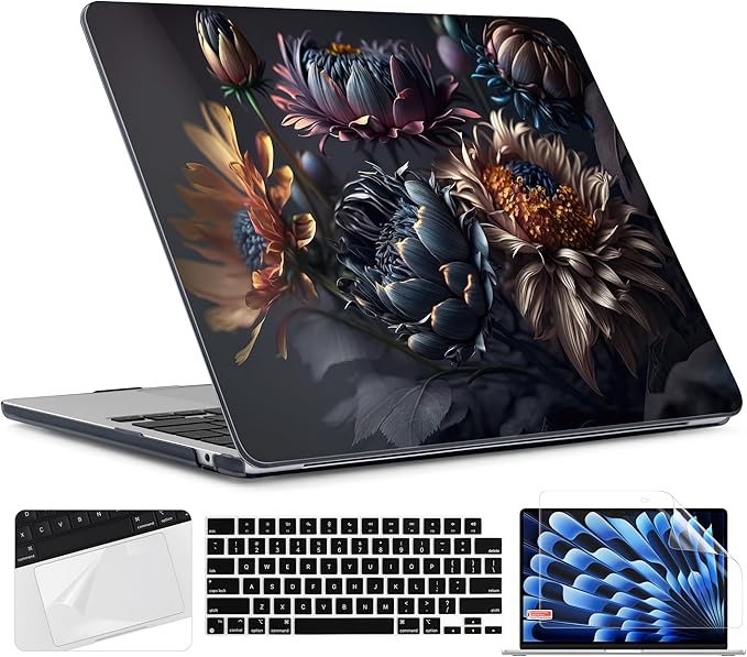 TWOLSKOO for M4 MacBook Air 13.6 inch Case 2025-2022 Release M4 A3240 M3 A3113 M2 A2681, Plastic Hard Shell & Screen Protector & Keyboard Cover & Trackpad Film, Blossom Floral