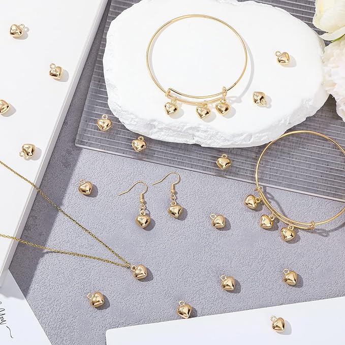 MARFOREVER 40 Pcs 18K Gold Heart Charms for Jewelry Making, Valentines Charms 3D Love Heart Shape Dangle Pendants for Mother's Day Valentine's Gifts Bracelet Necklace Earrings Making DIY Crafts